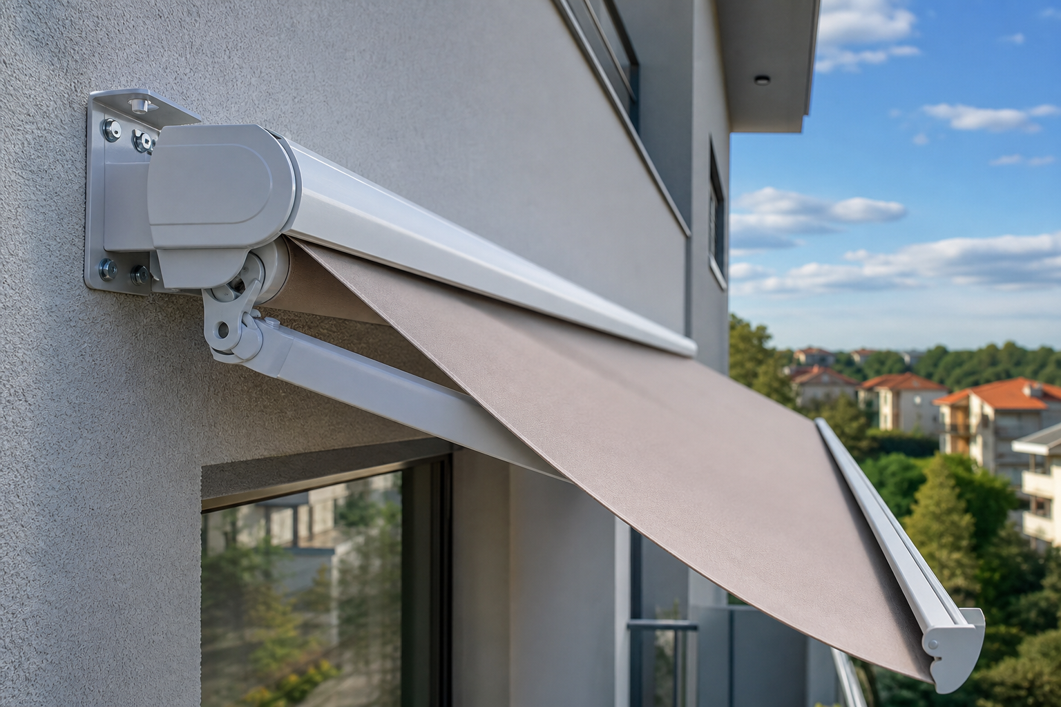 Detail konzol a ramena markízy upevnenej na fasáde balkóna.